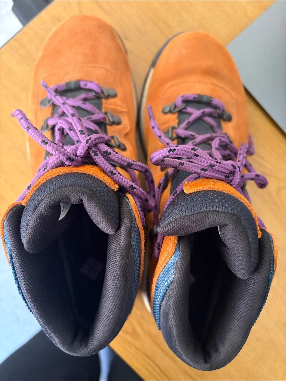 Columbia womens Orange Suede Hiking Boots with Purple Laces